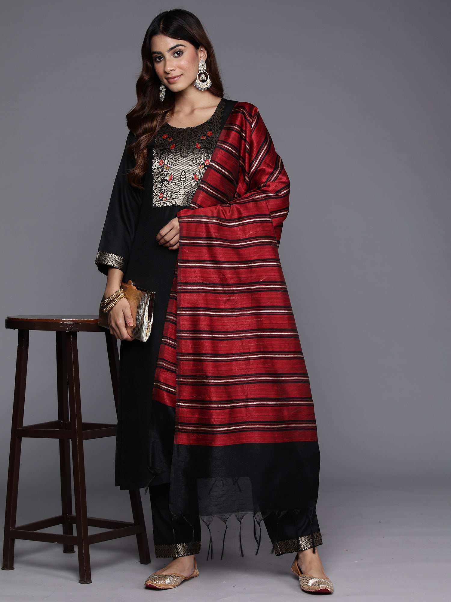 Indo Era Black Yoke Design Straight Kurta Trousers With Dupatta Set