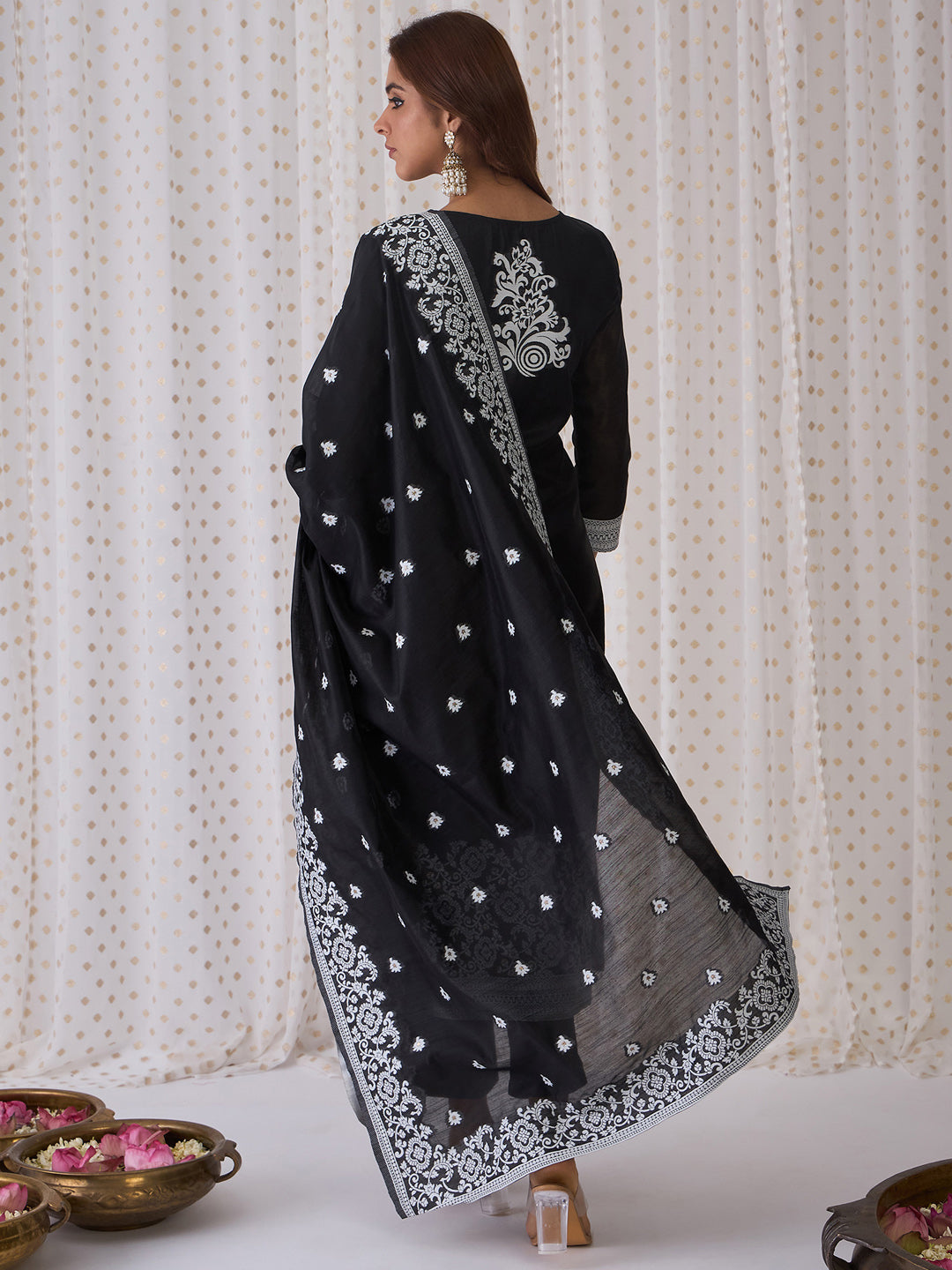 Indo Era Black Woven Design Straight Kurta Trousers With Dupatta set