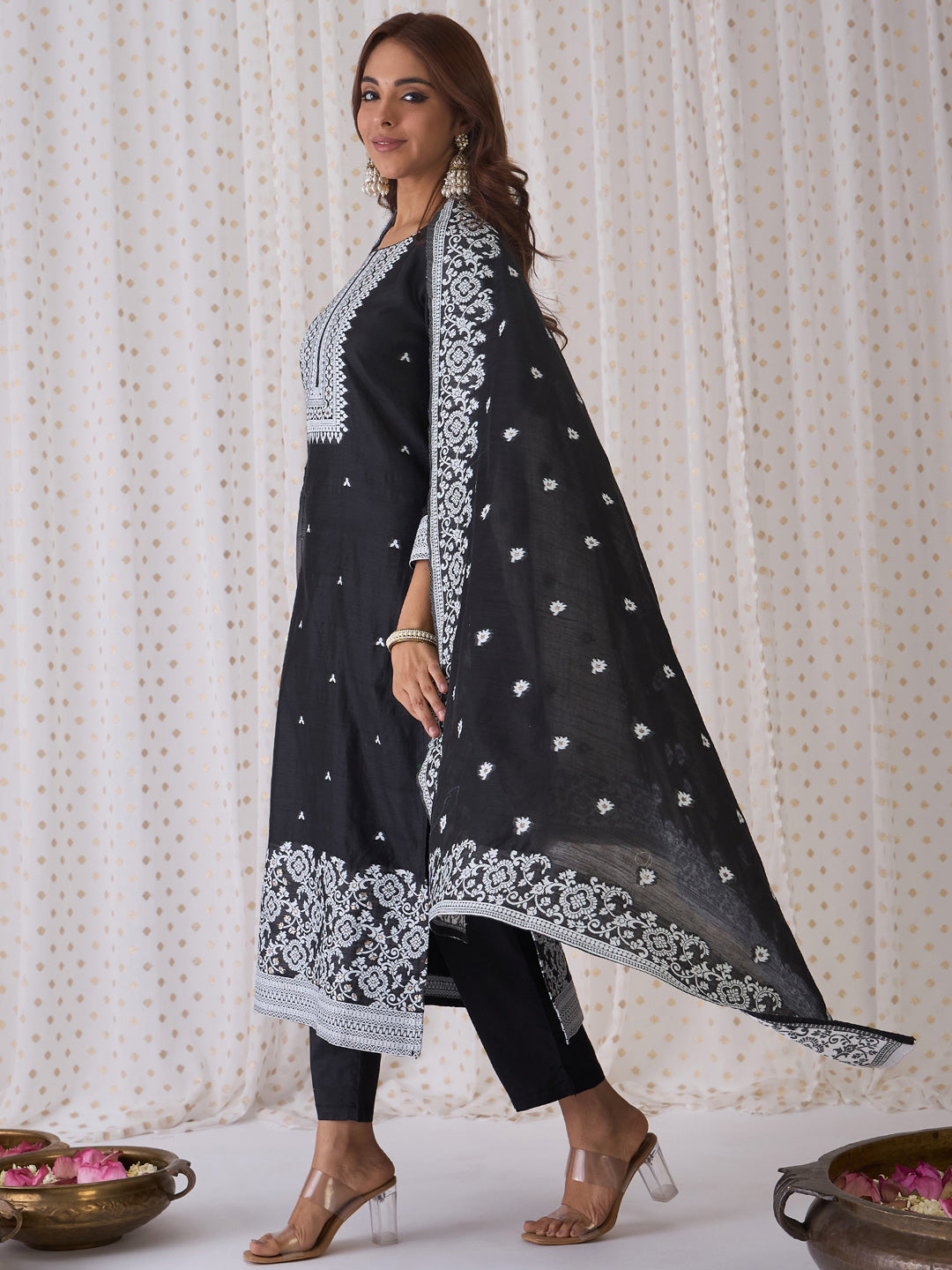 Indo Era Black Woven Design Straight Kurta Trousers With Dupatta set