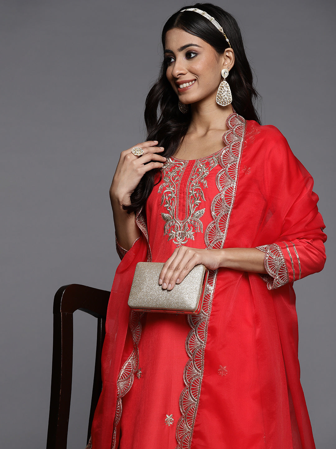 Women Red Ethnic Motifs Embroidered Sequinned Liva Kurta With Palazzos