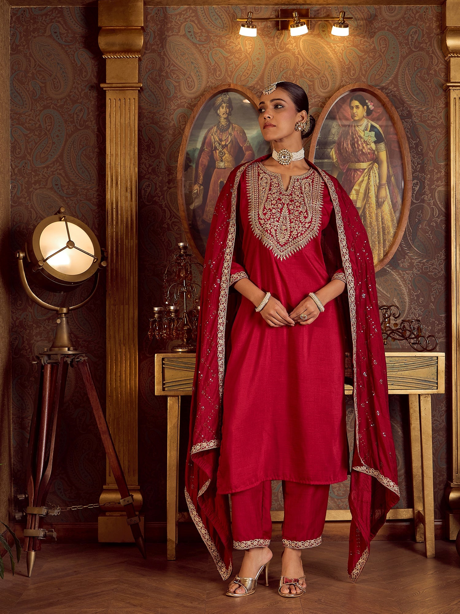 Indo Era Pink Embroidered Straight Kurta Trousers With Dupatta set