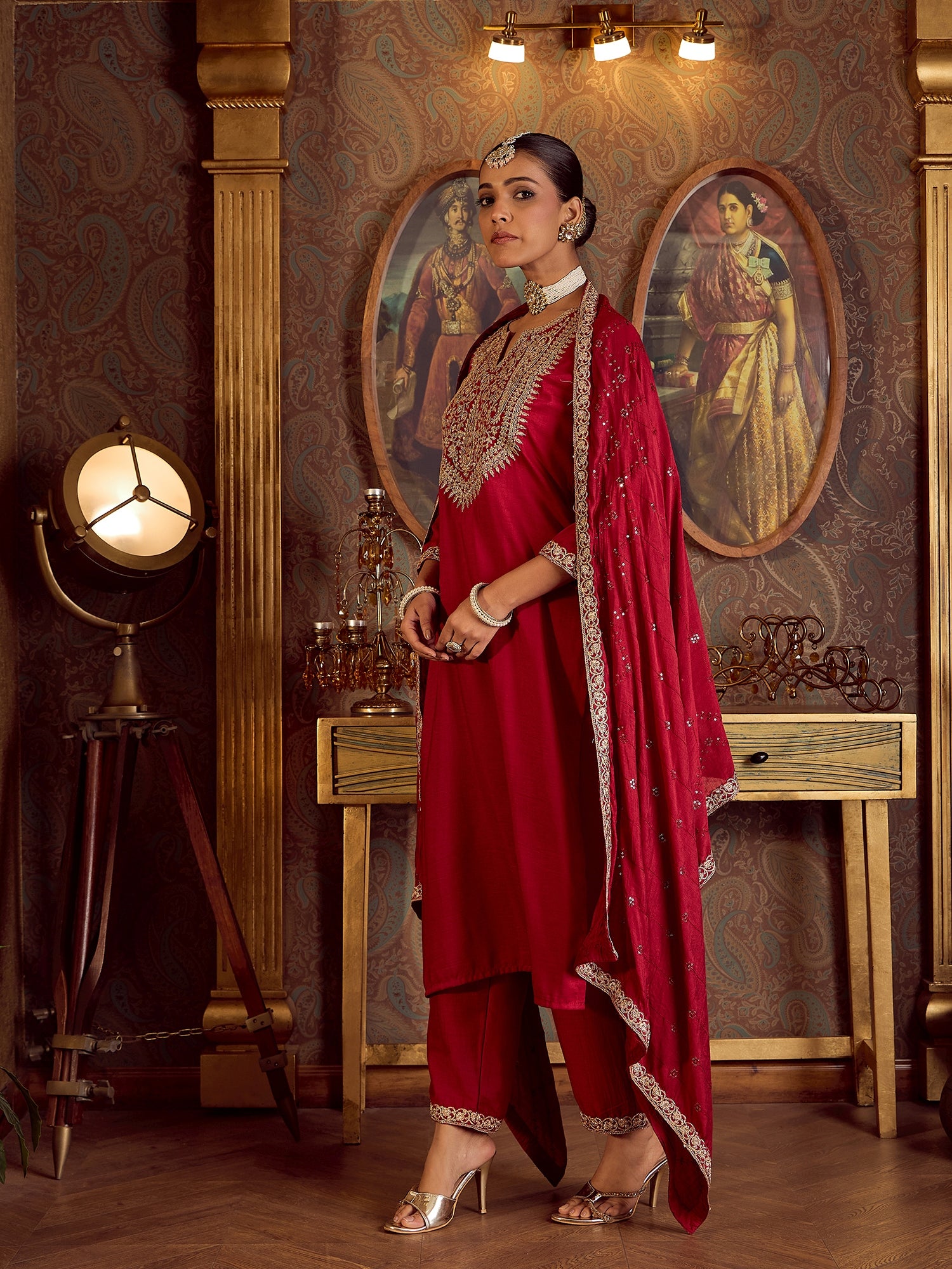 Indo Era Pink Embroidered Straight Kurta Trousers With Dupatta set