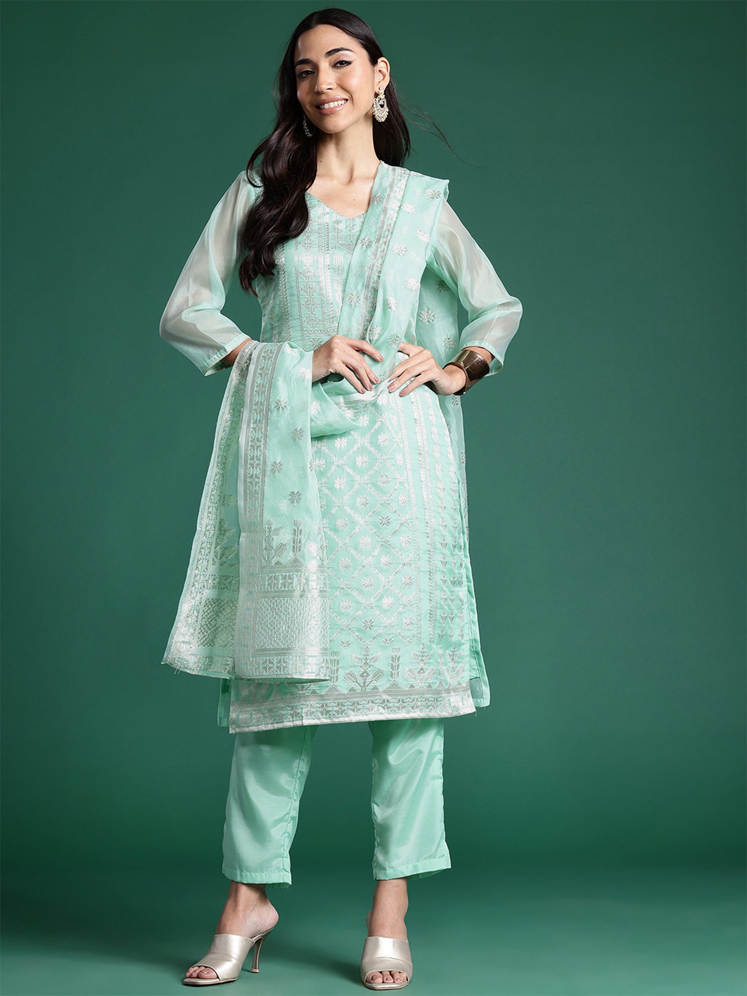 Indo Era Sea Green Woven Design Straight Kurta Trousers With Dupatta Set