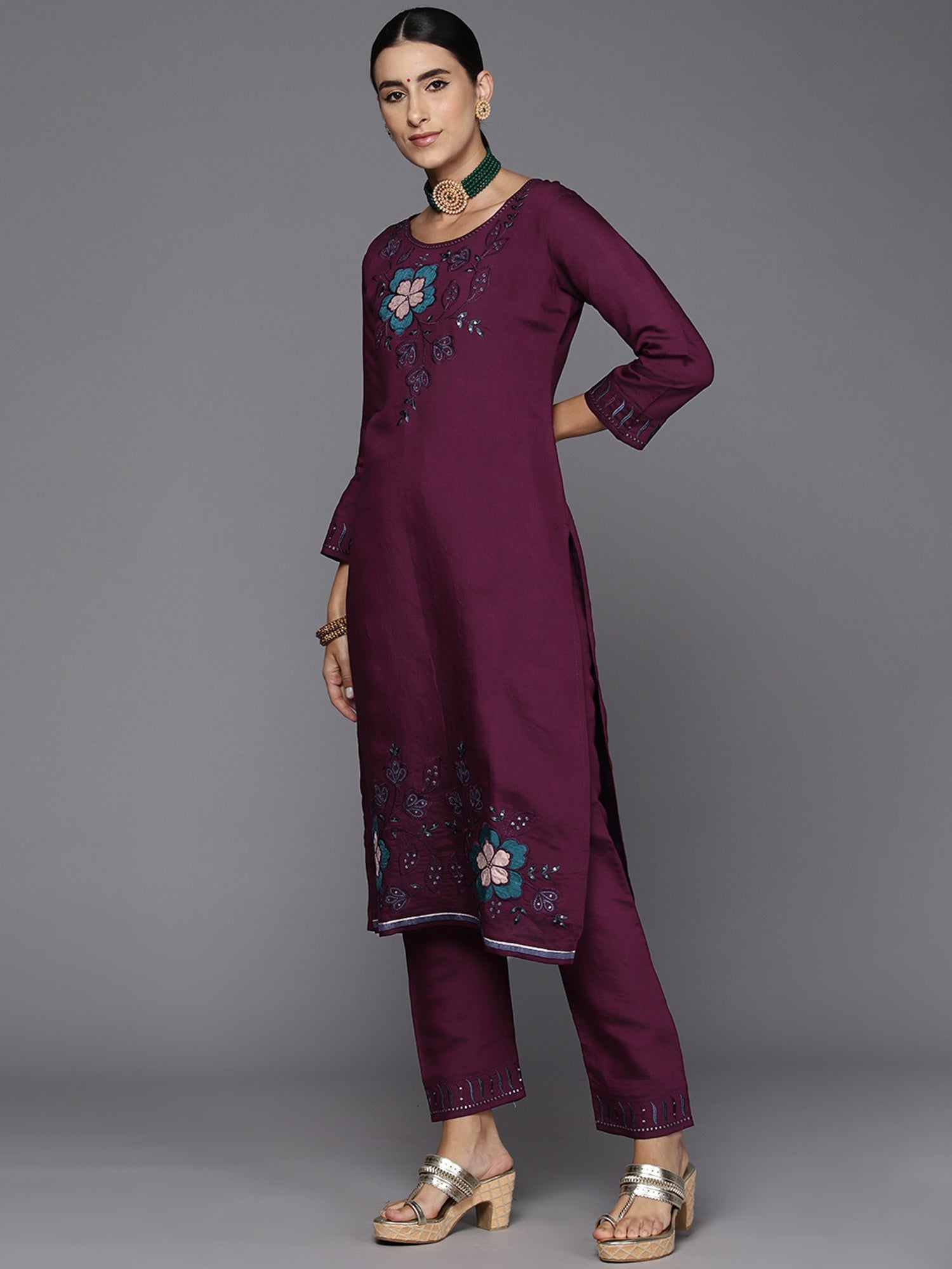 Indo Era Wine Embroidered Straight Kurta Trousers With Dupatta Set