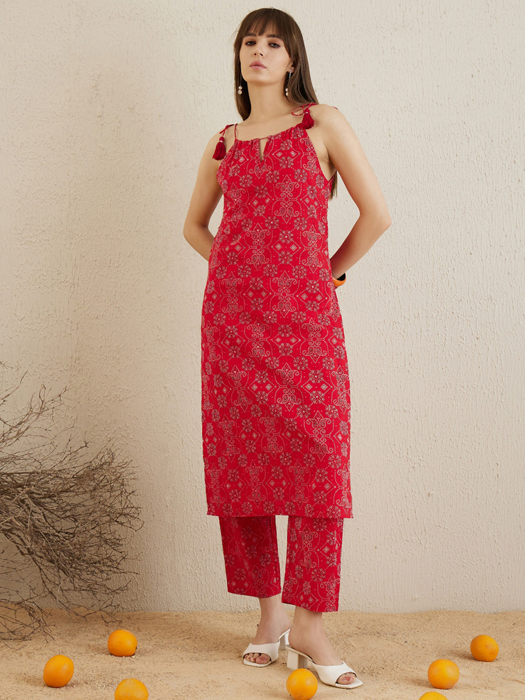 Indo Era Red Printed Straight Kurta Trousers set