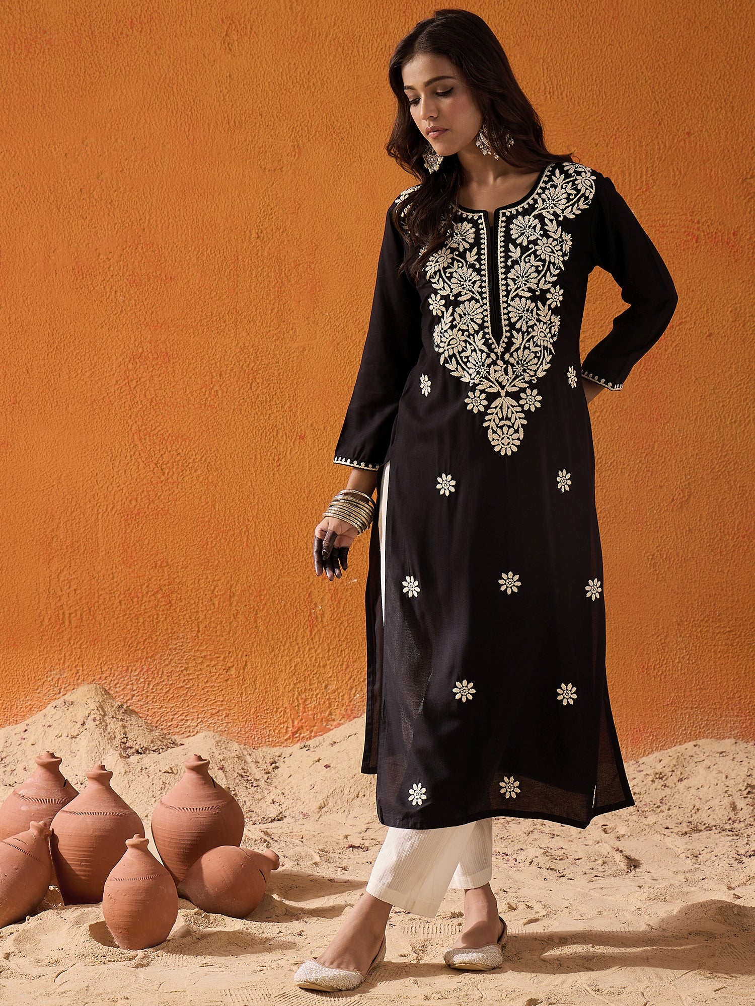 indo era Black Embroidered Straight Kurtas