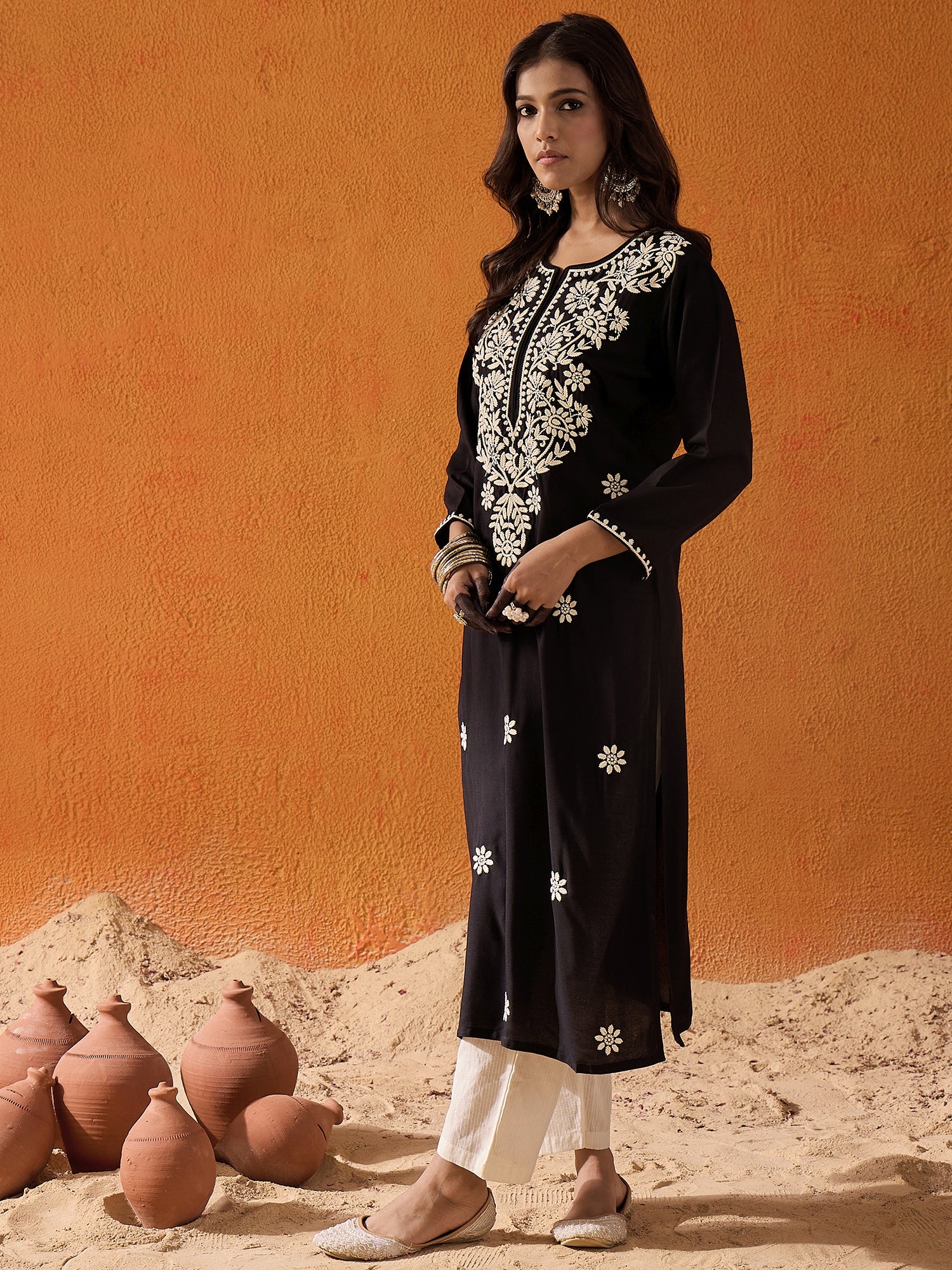 indo era Black Embroidered Straight Kurtas