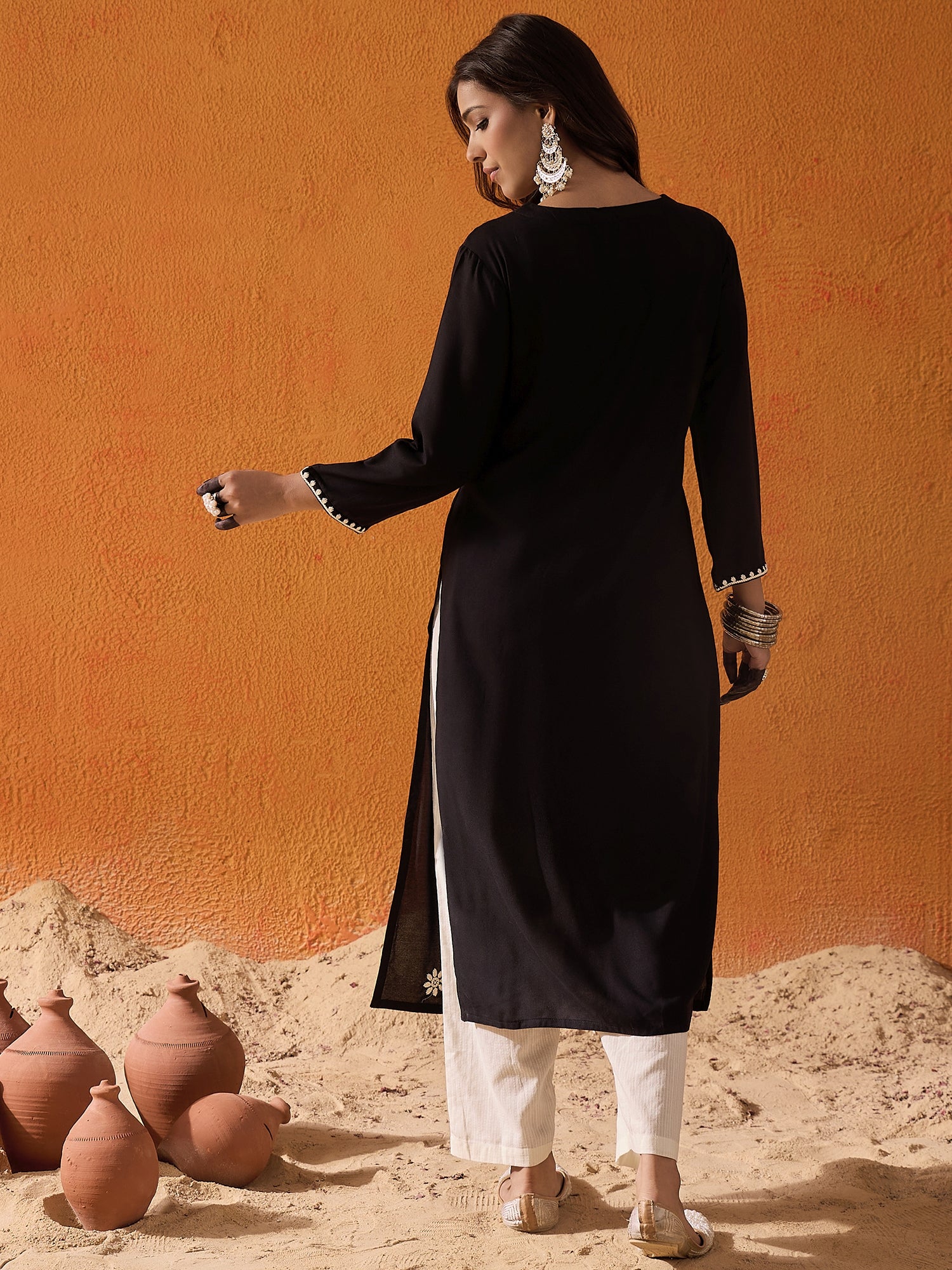 indo era Black Embroidered Straight Kurtas