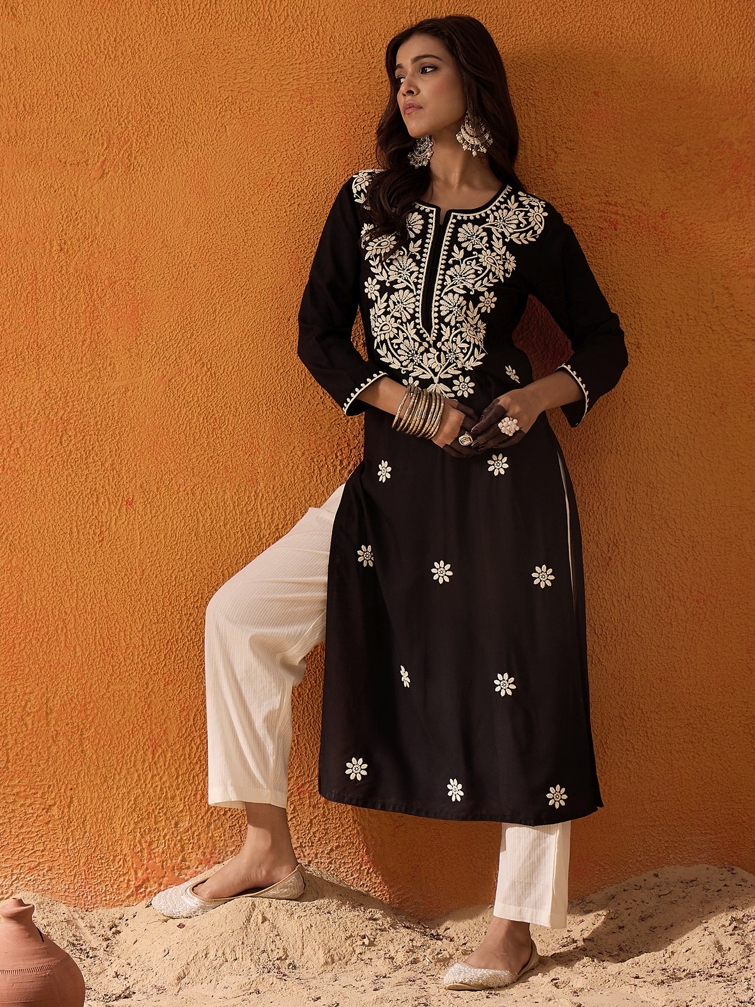 indo era Black Embroidered Straight Kurtas