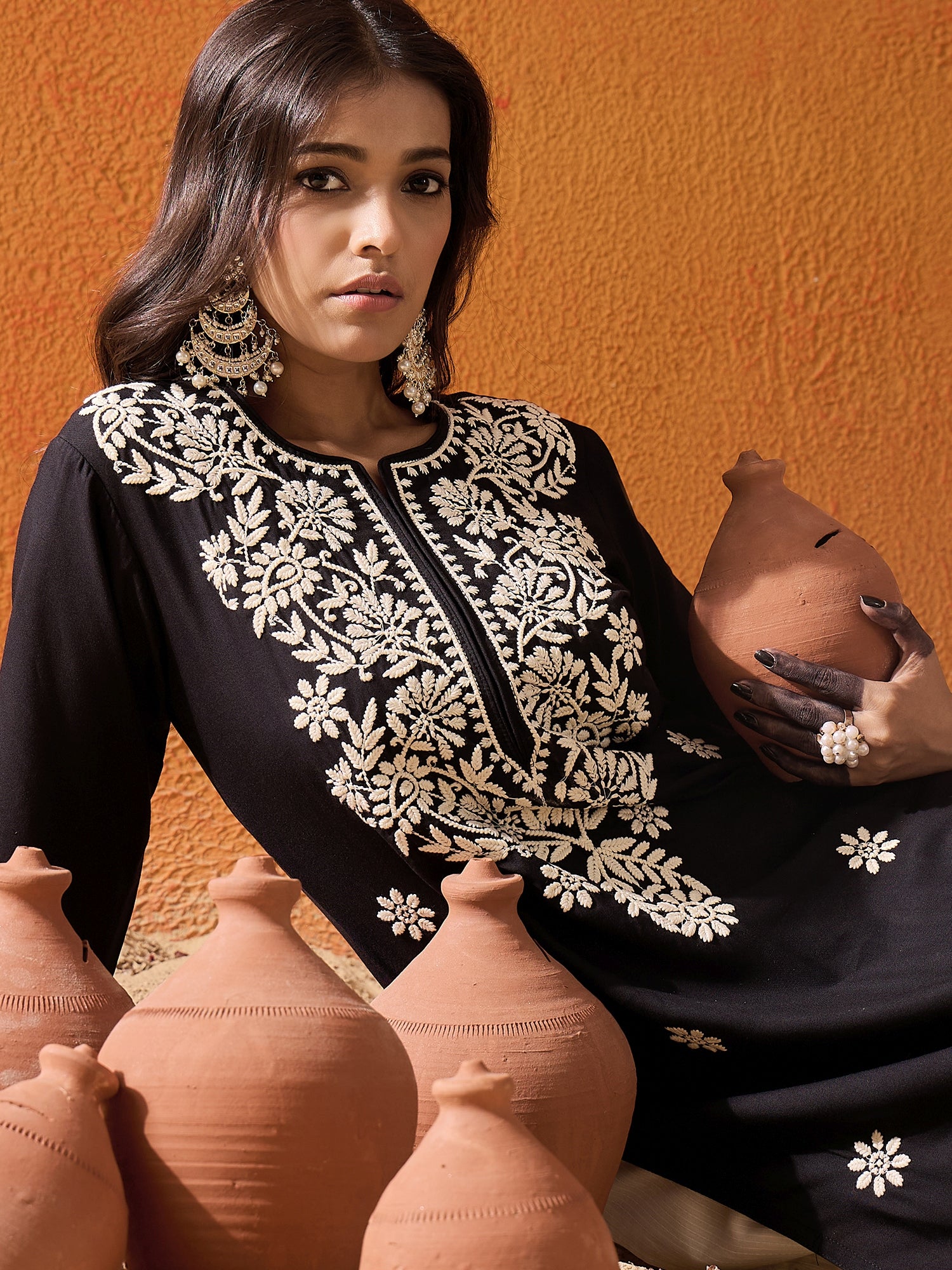 indo era Black Embroidered Straight Kurtas