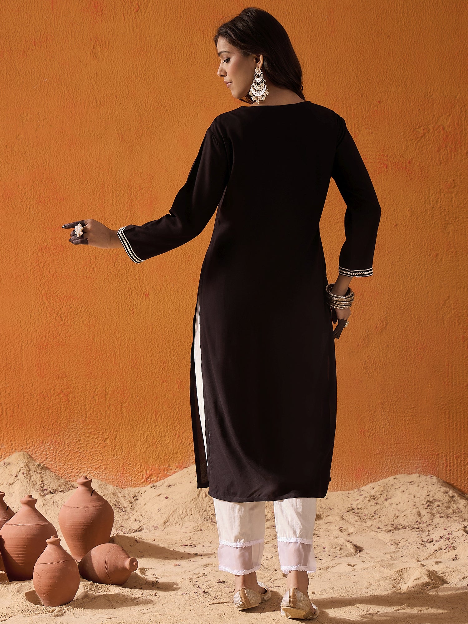 Indo Era Black Embroidered Straight Kurtas