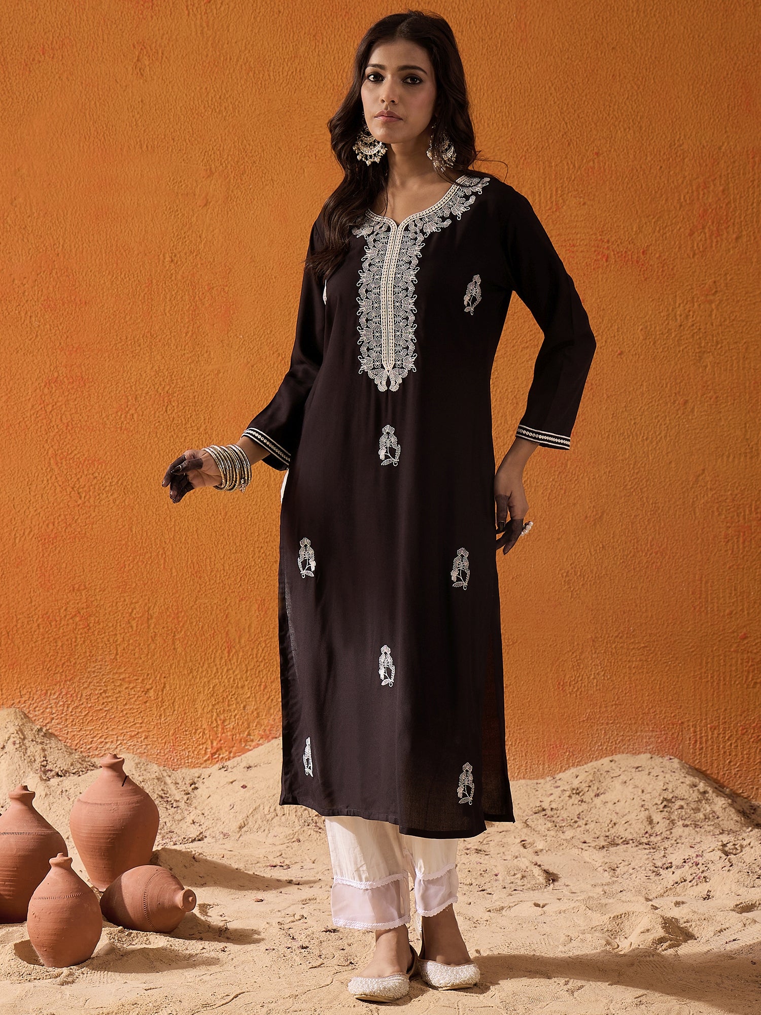 Indo Era Black Embroidered Straight Kurtas