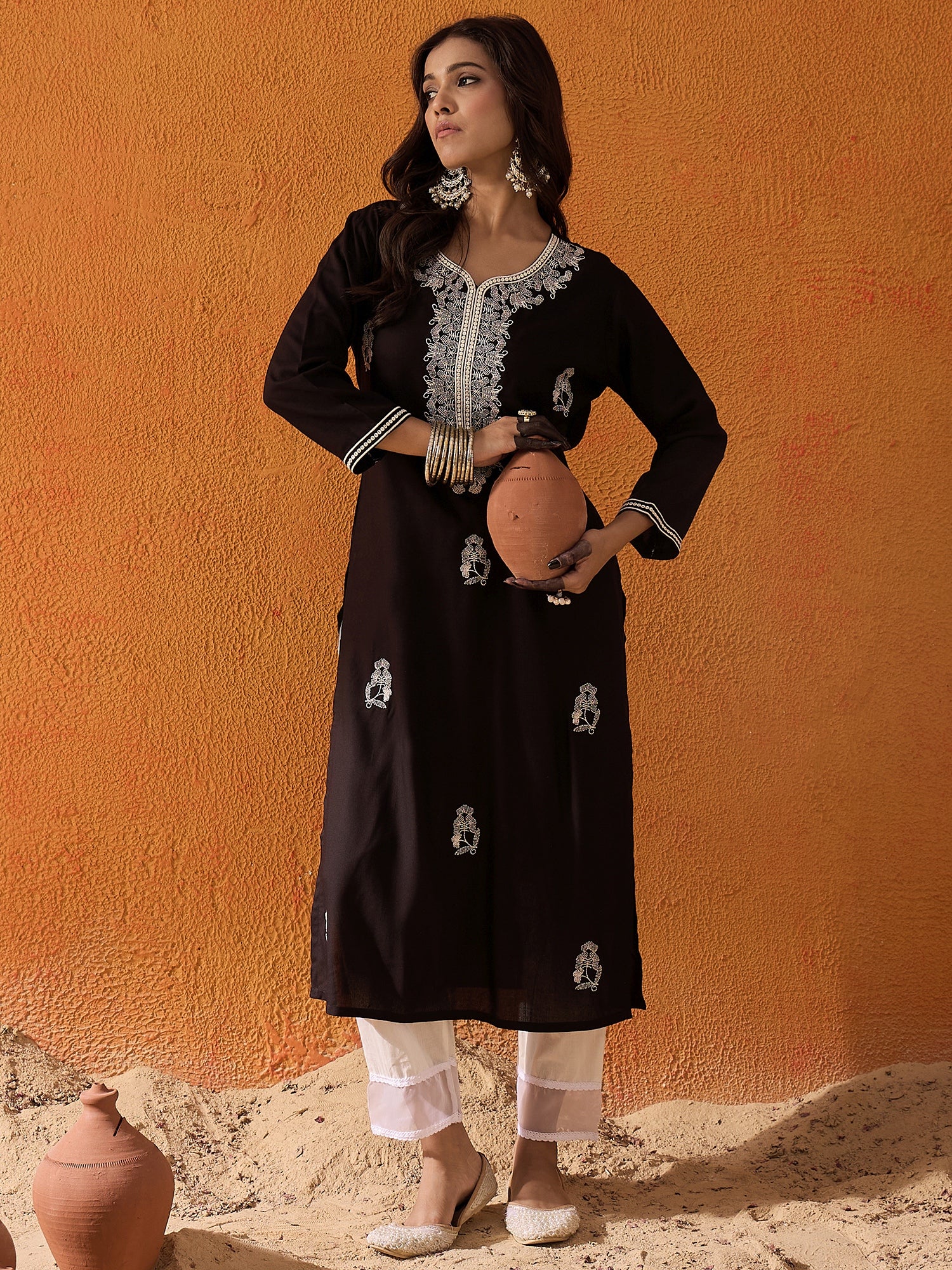 Indo Era Black Embroidered Straight Kurtas