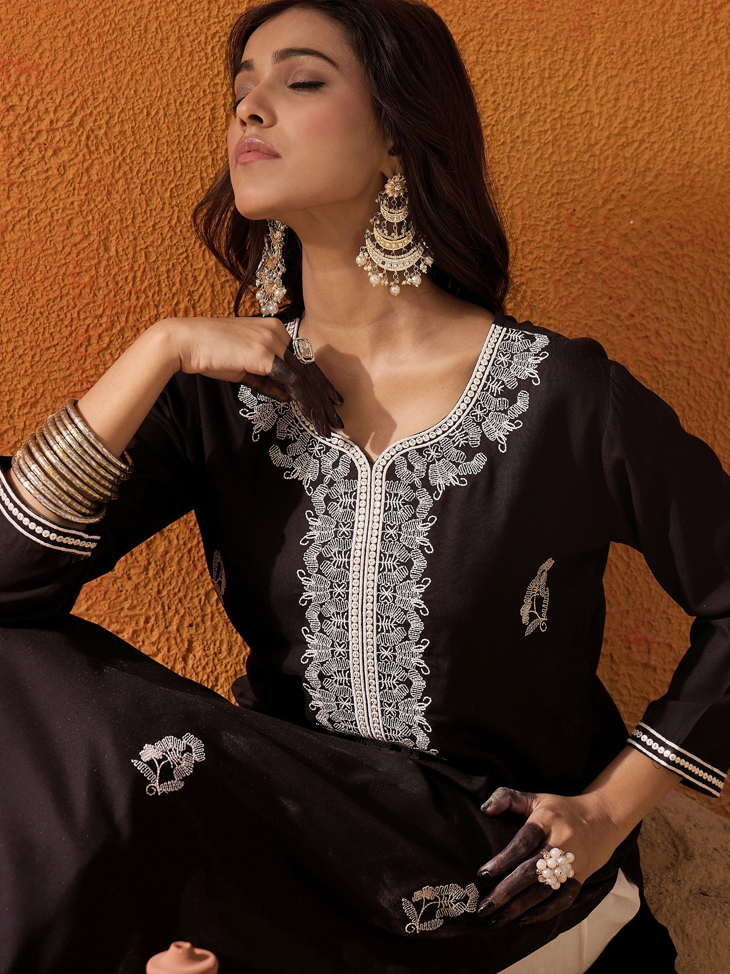 Indo Era Black Embroidered Straight Kurtas