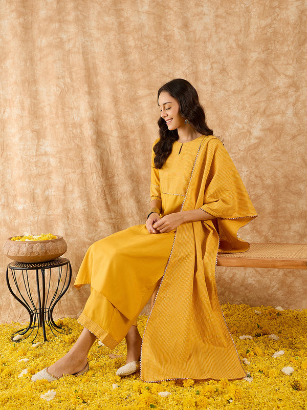 Indo Era Yellow Solid Straight Kurta Palazzo With Dupatta Set