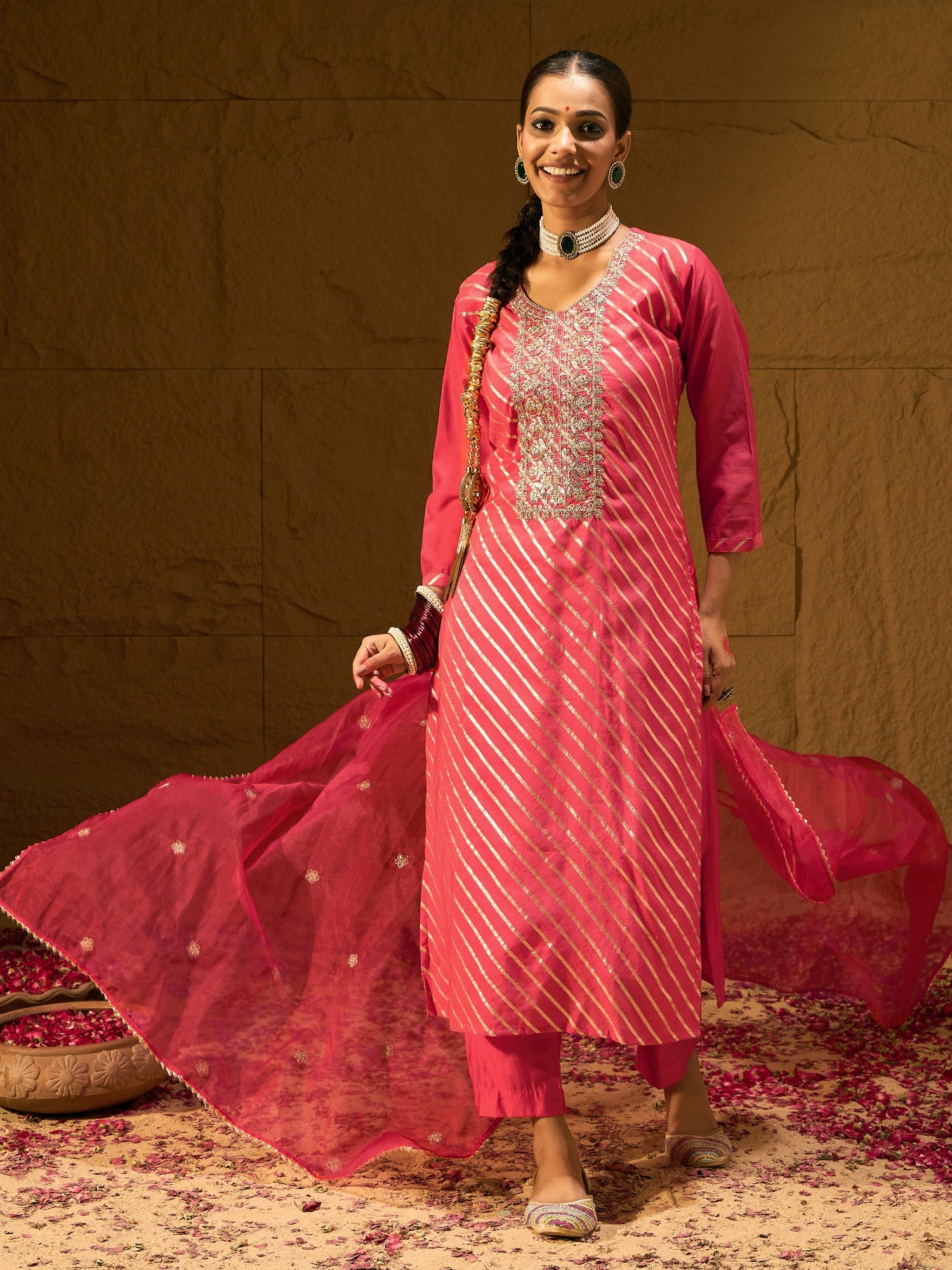 Indo Era Red Embroidered Straight Kurta Trousers With Dupatta set