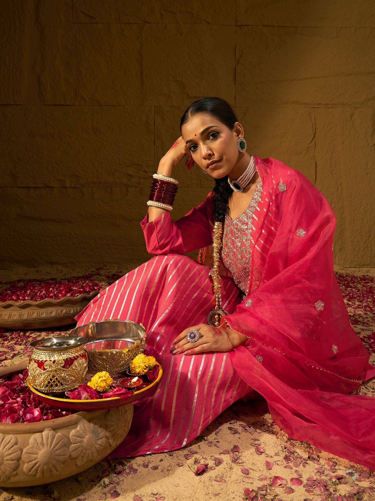 Indo Era Red Embroidered Straight Kurta Trousers With Dupatta set