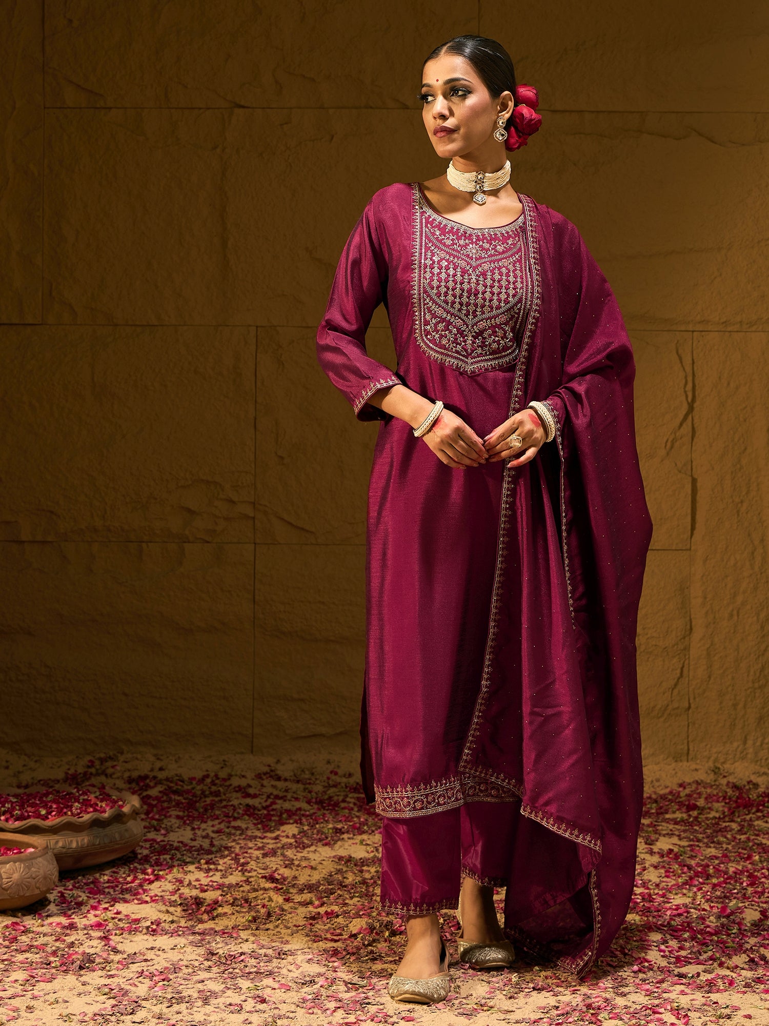 Indo Era Maroon Embroidered Straight Kurta Trousers With Dupatta set