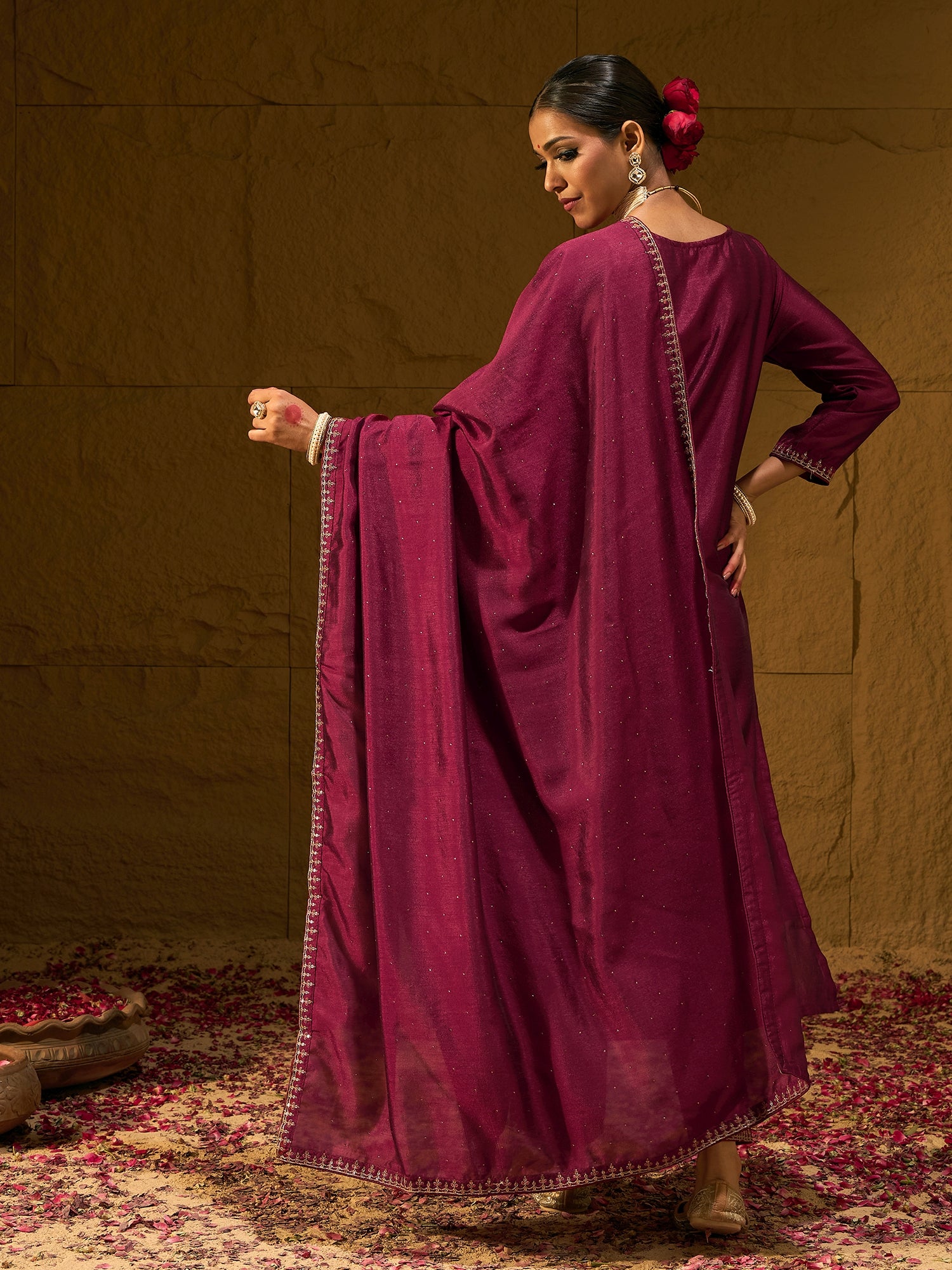 Indo Era Maroon Embroidered Straight Kurta Trousers With Dupatta set