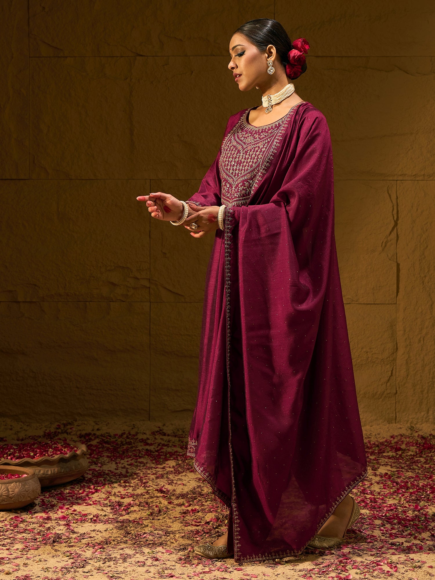 Indo Era Maroon Embroidered Straight Kurta Trousers With Dupatta set