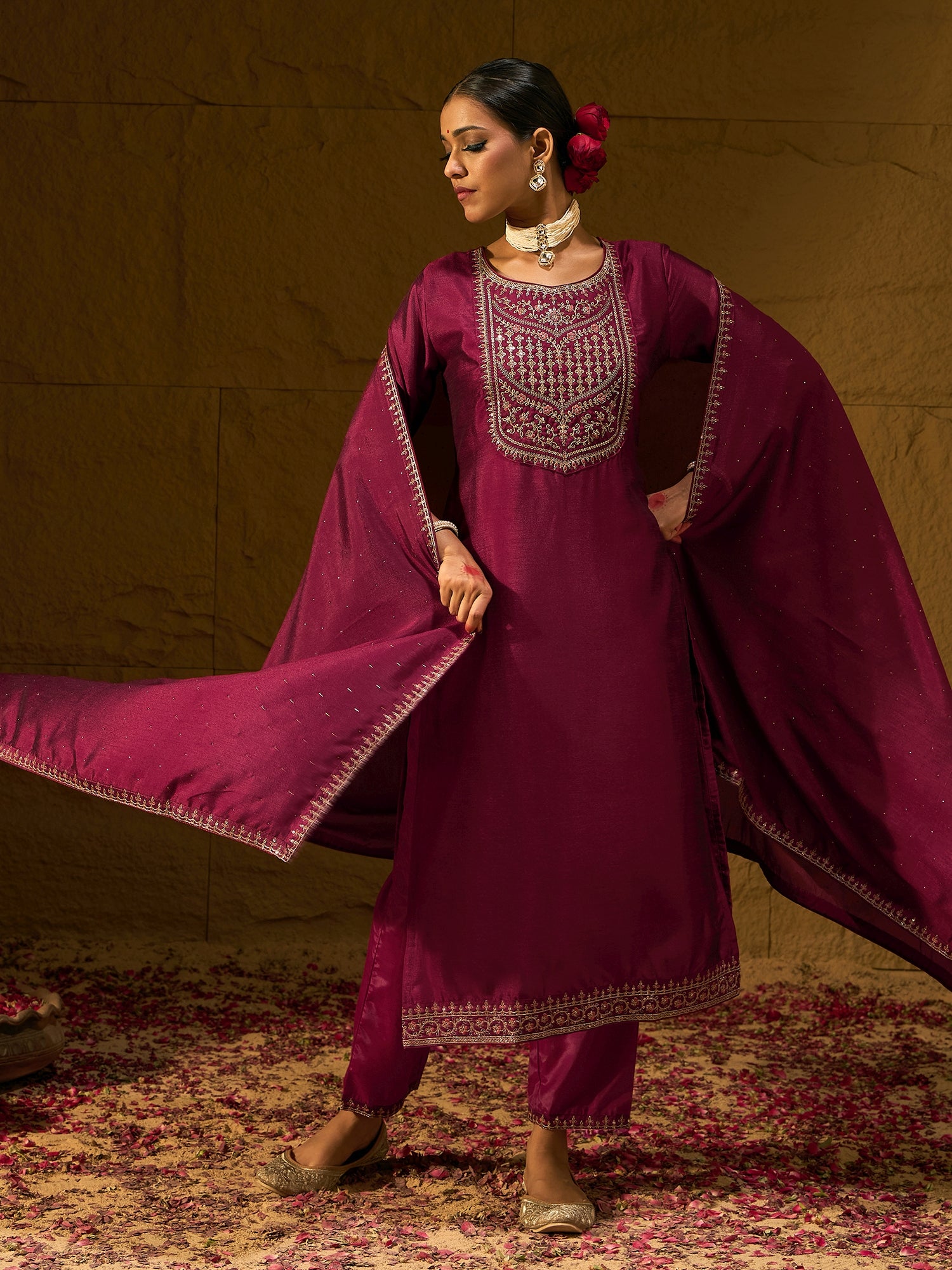 Indo Era Maroon Embroidered Straight Kurta Trousers With Dupatta set