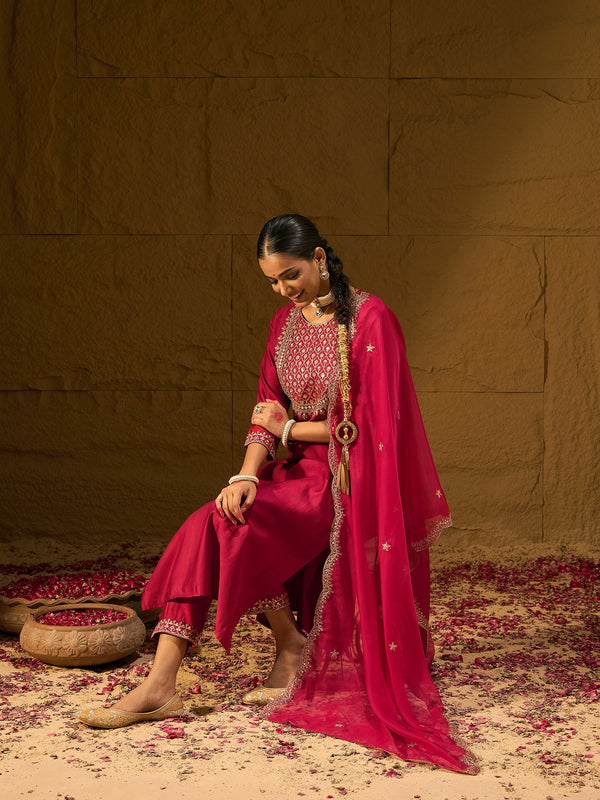 Indo Era Red Embroidered Straight Kurta Trousers With Dupatta Set