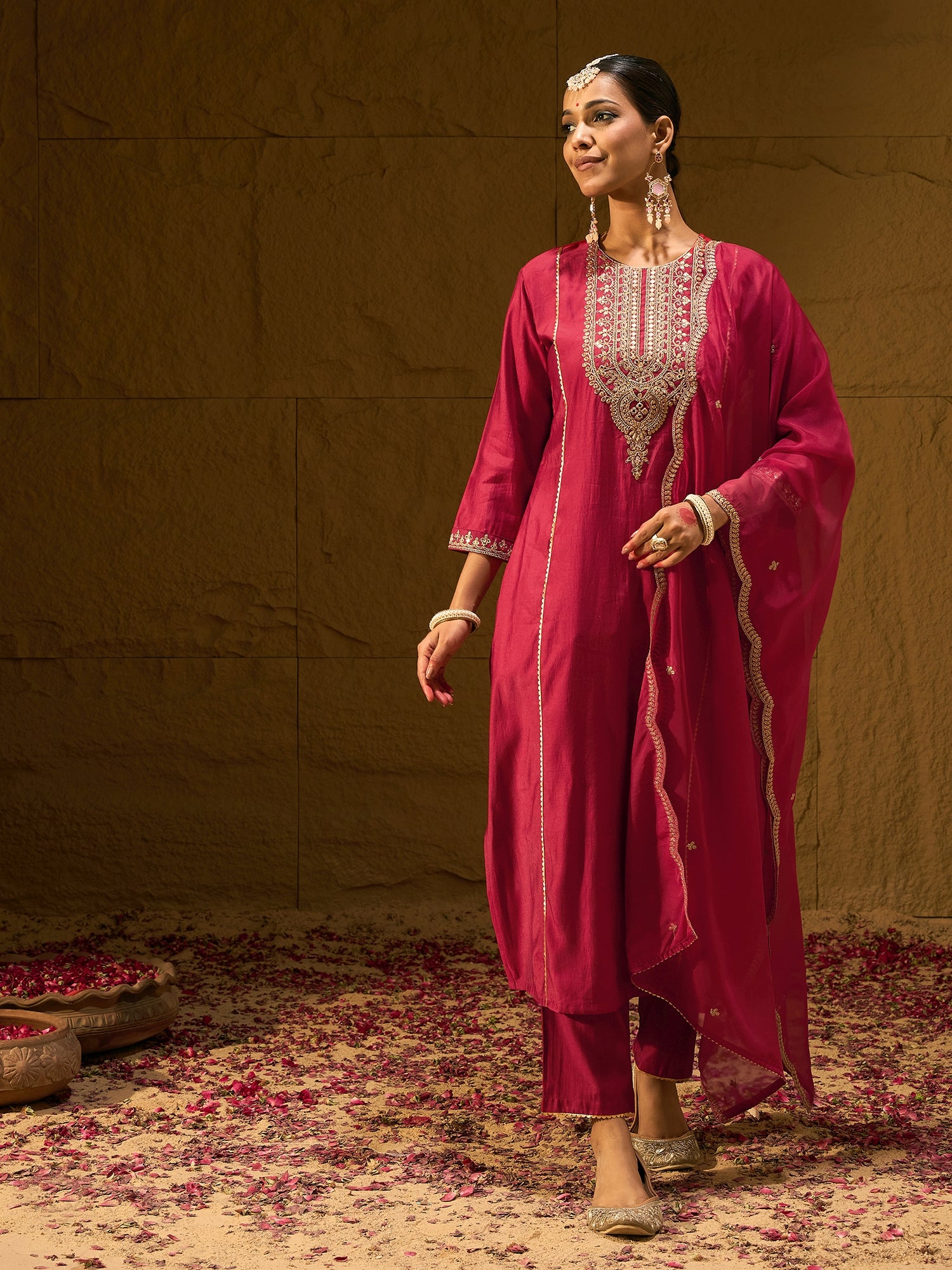 Indo Era Red Embroidered Straight Kurta Trousers With Dupatta Set