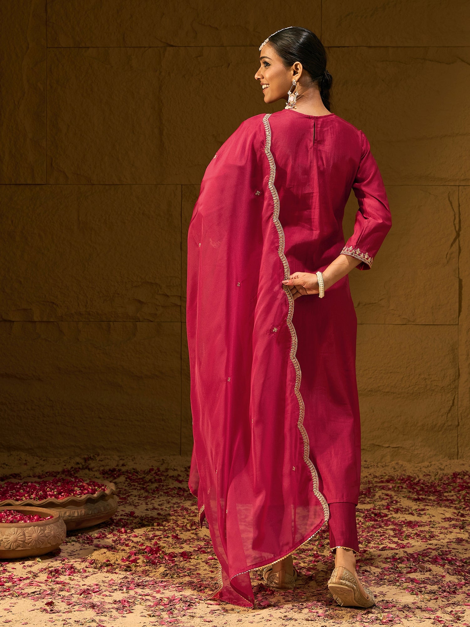 Indo Era Red Embroidered Straight Kurta Trousers With Dupatta Set