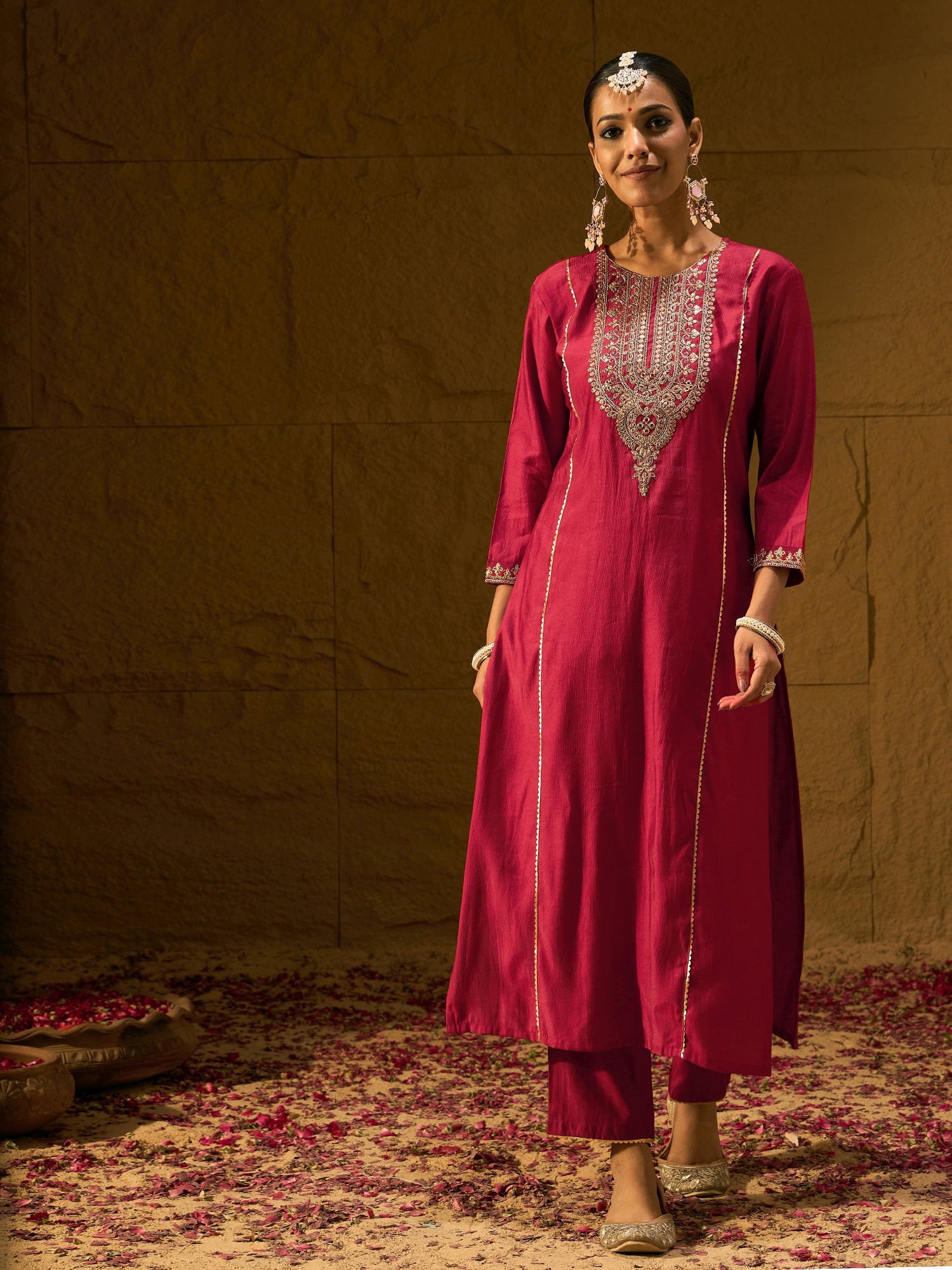 Indo Era Red Embroidered Straight Kurta Trousers With Dupatta Set