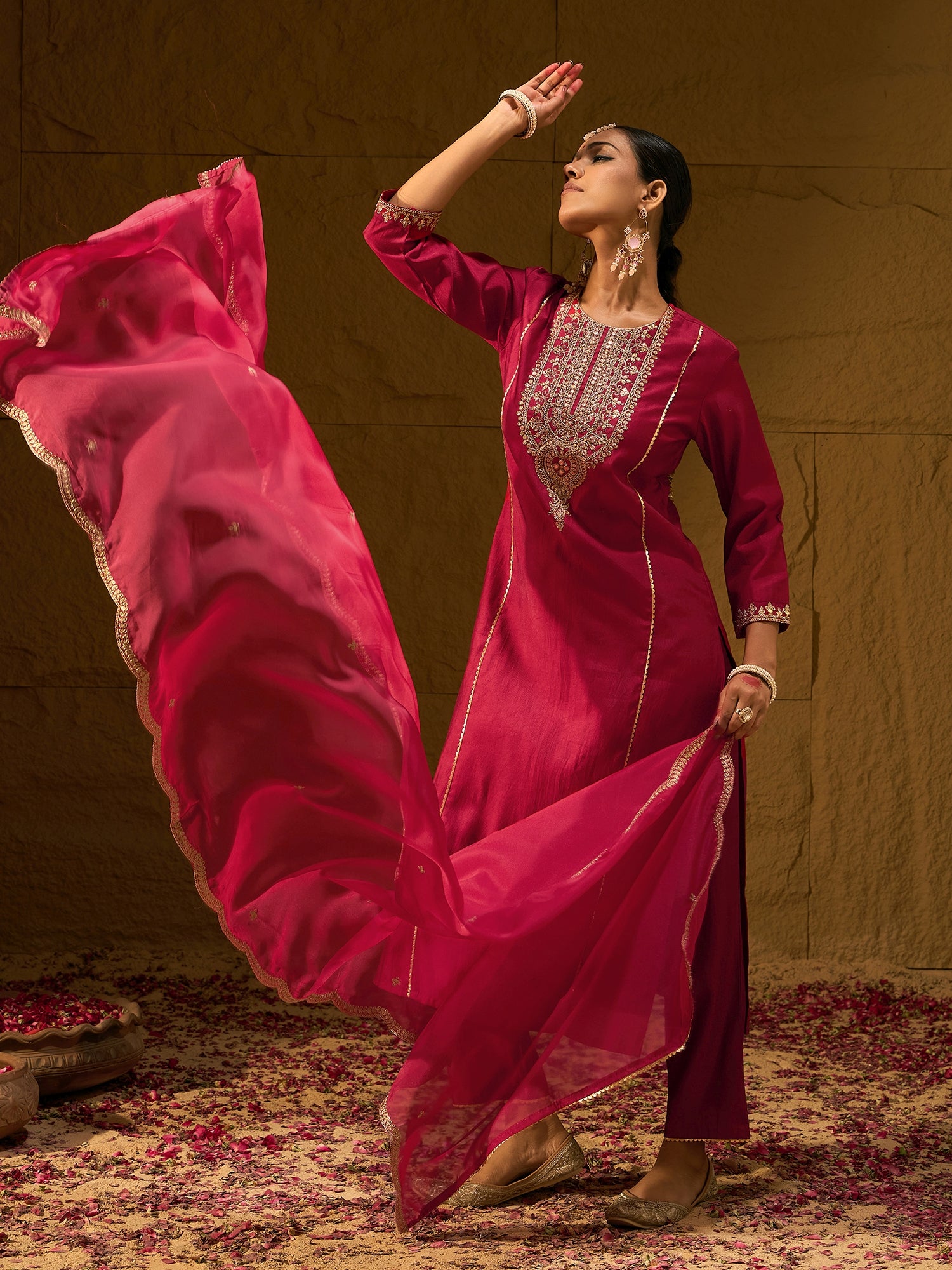 Indo Era Red Embroidered Straight Kurta Trousers With Dupatta Set