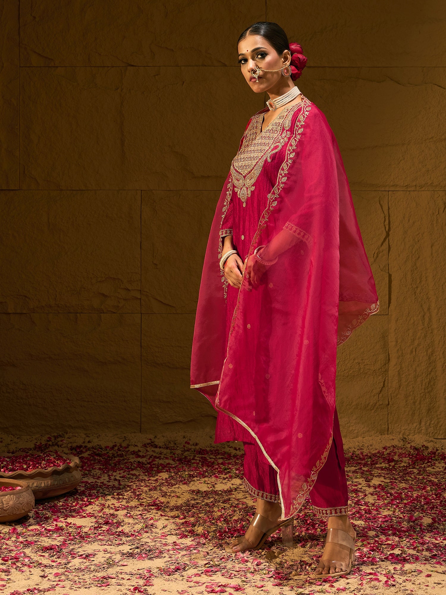 Indo Era Red Embroidered Straight Kurta Palazzos With Dupatta set