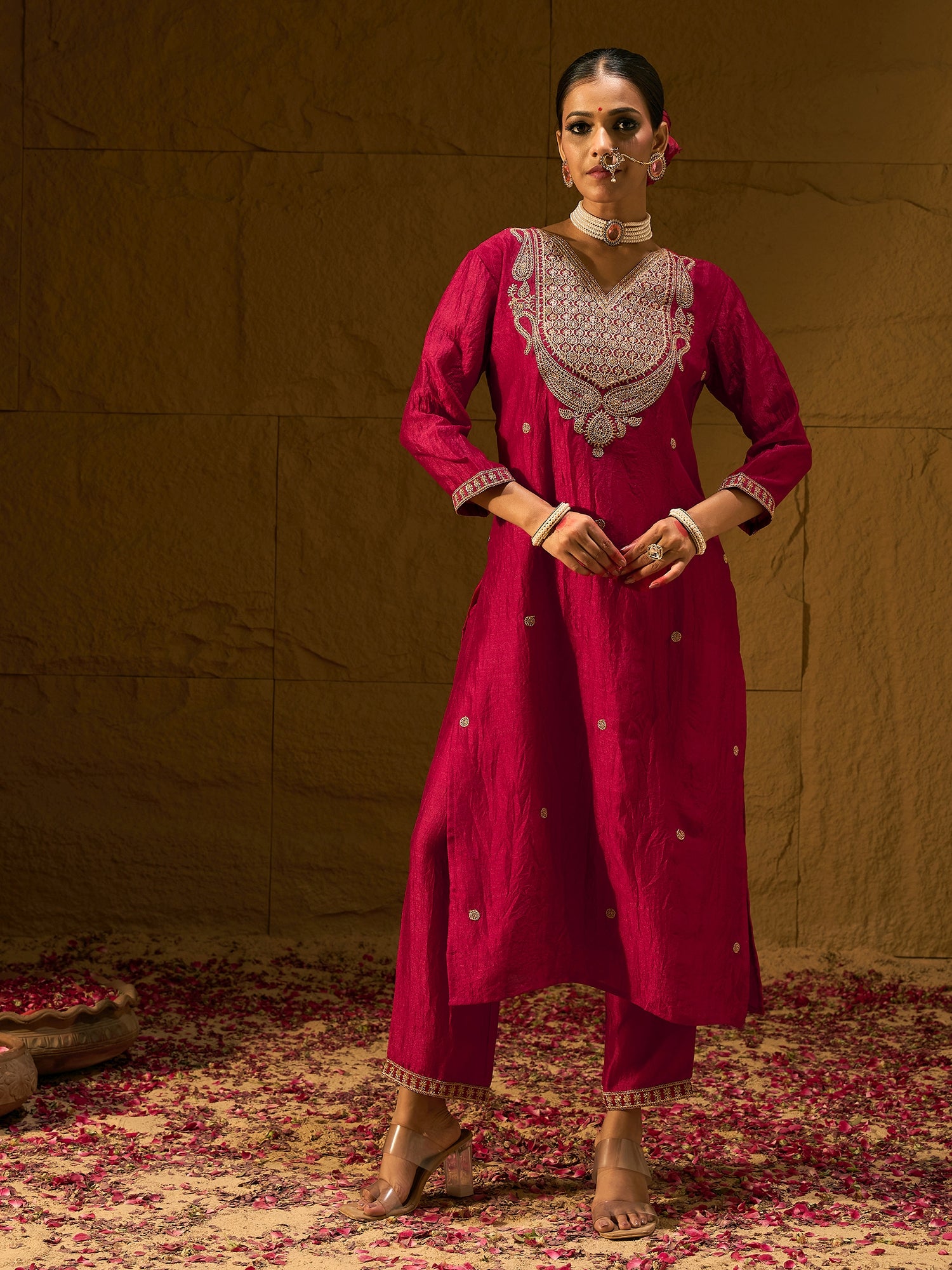 Indo Era Red Embroidered Straight Kurta Palazzos With Dupatta set