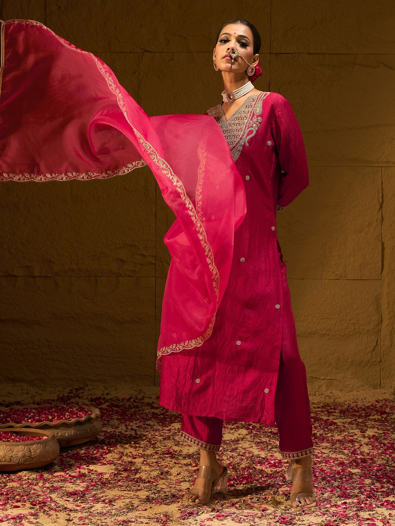 Indo Era Red Embroidered Straight Kurta Palazzos With Dupatta set