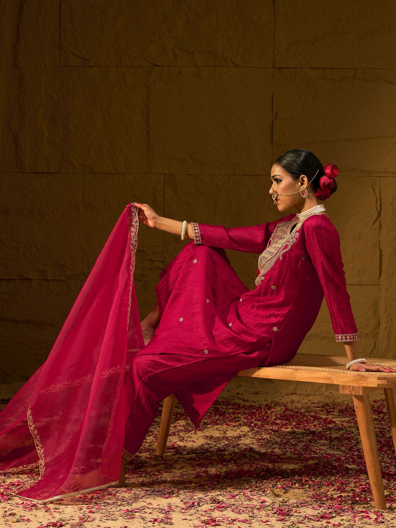 Indo Era Red Embroidered Straight Kurta Palazzos With Dupatta set