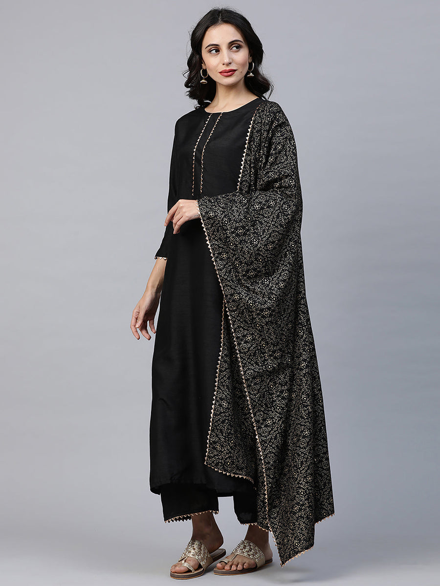 Indo Era Black Solid Kurta Palazzo with Dupatta Sets – indoera