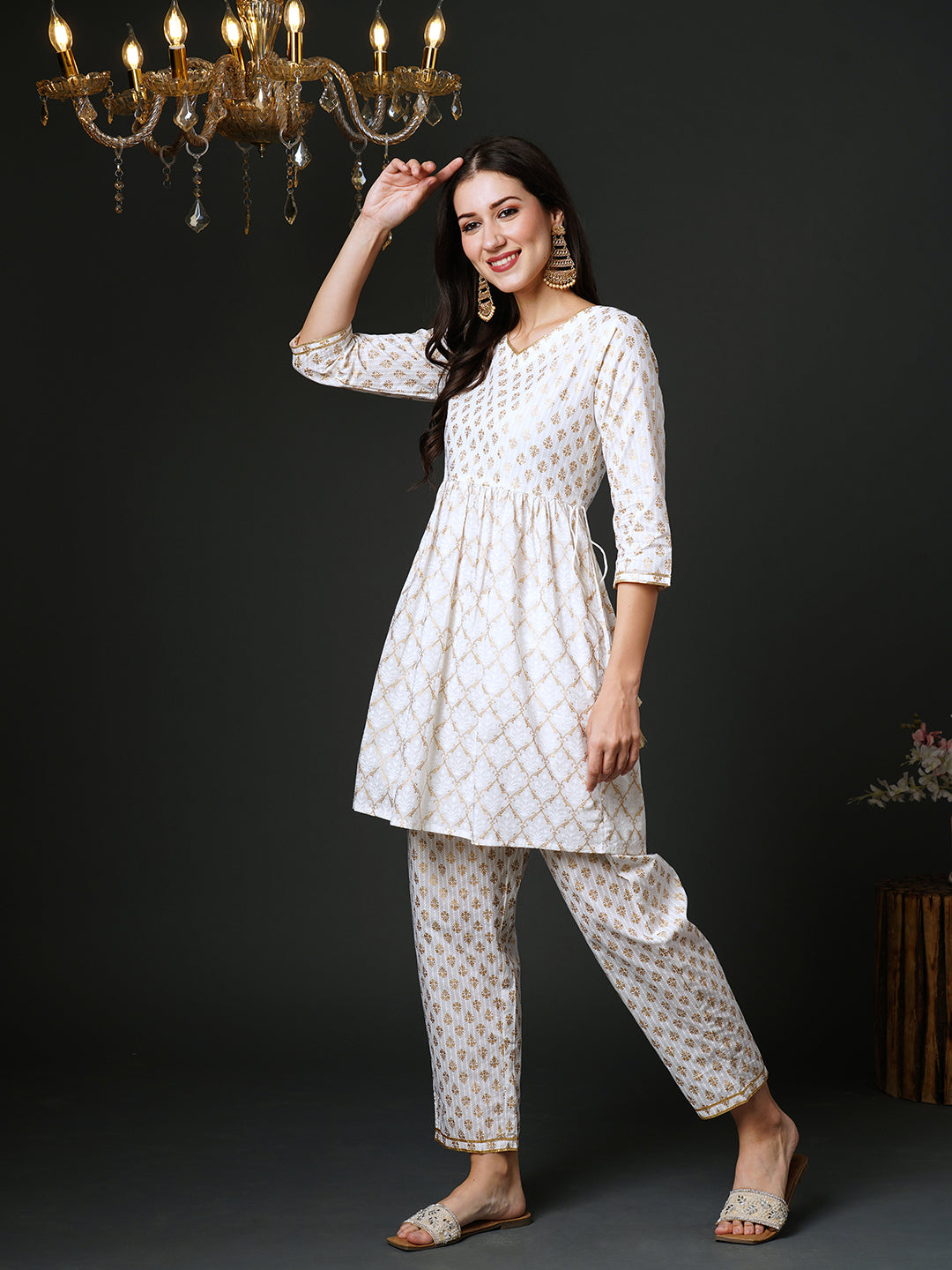 Indo Era Off White Printed A-Line Kurta Trousers Set – indoera