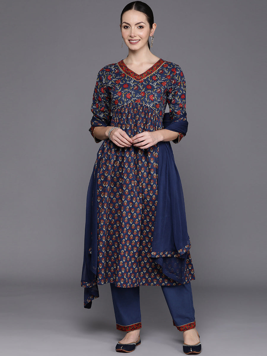 Indo Era Blue Floral Printed Empire Gotta Patti Pure Cotton Kurta with ...