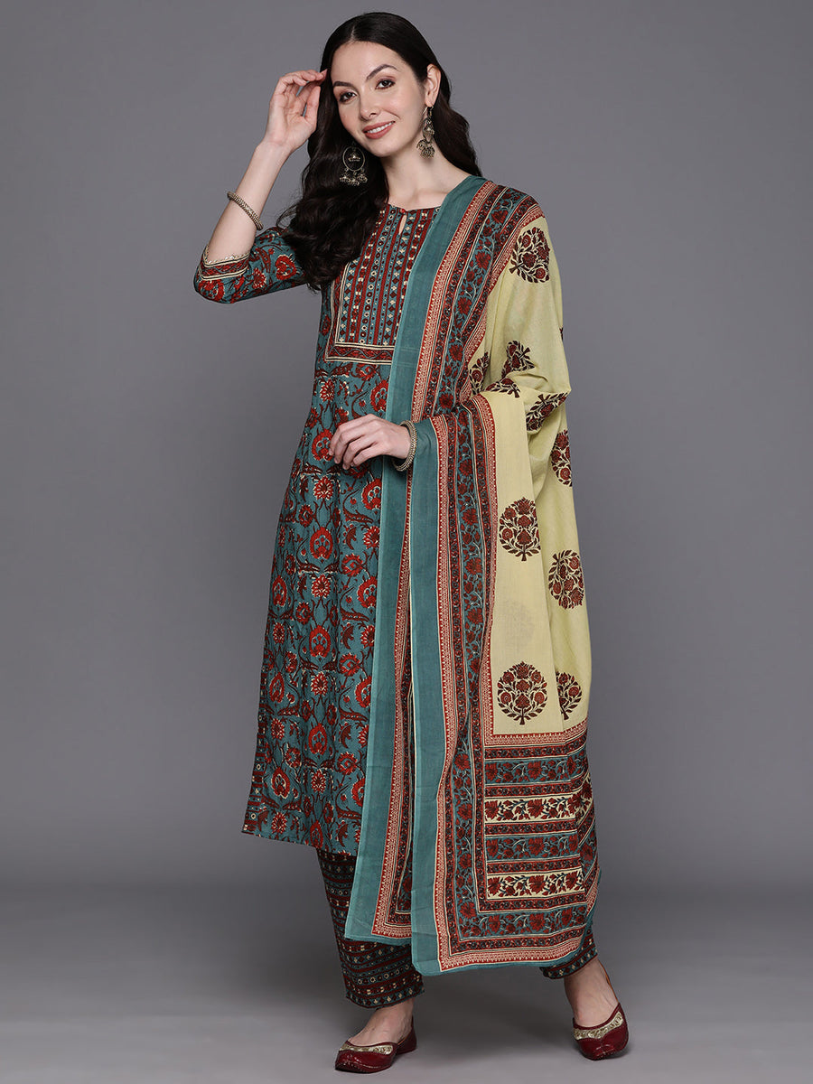 Indo Era Teal Floral Printed Regular Pure Cotton Kurta with Trousers ...