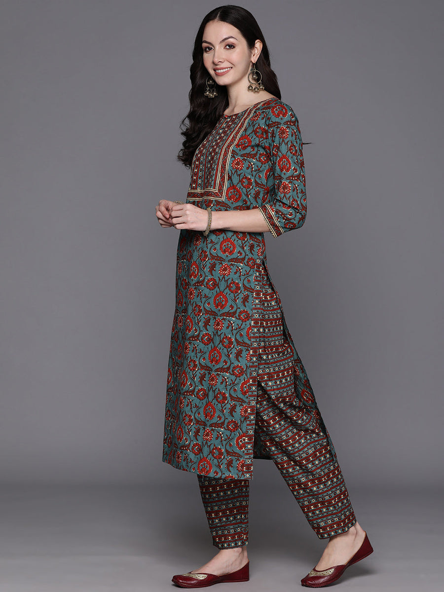 Indo Era Teal Floral Printed Regular Pure Cotton Kurta with Trousers ...