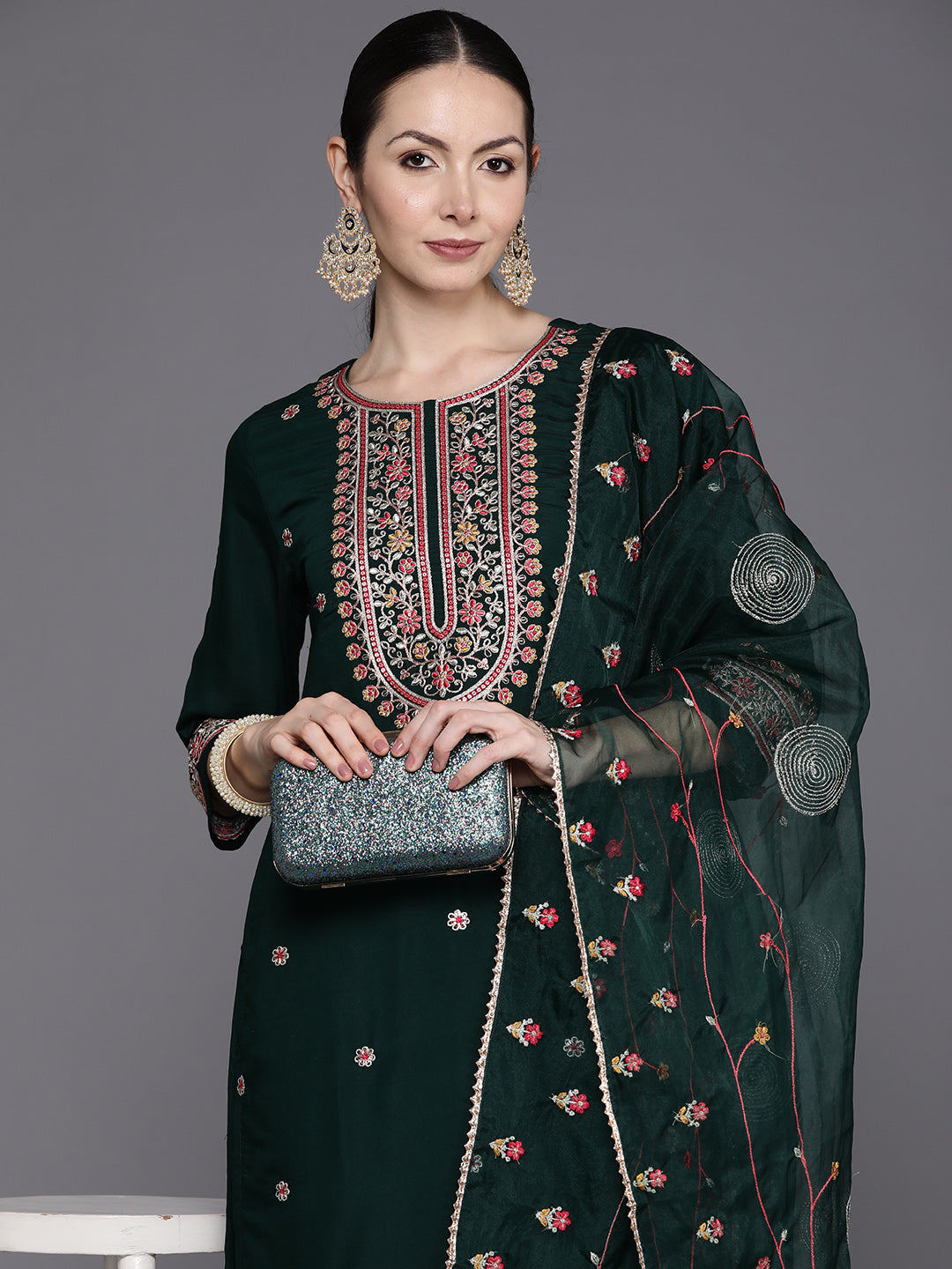Indo Era Green Floral Embroidered Regular Sequinned Kurta with Trouser ...