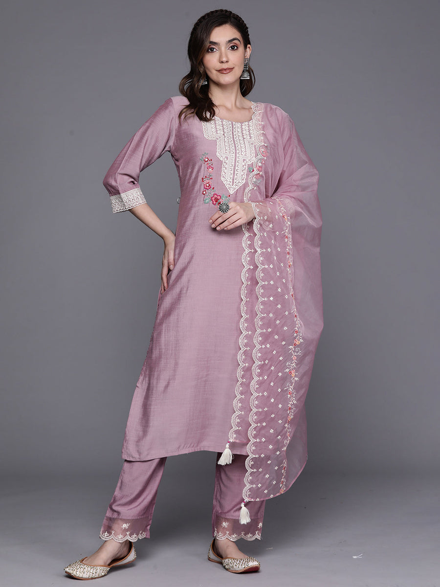 Indo Era Lavender Embroidered Straight Kurta Trousers With Dupatta Set ...